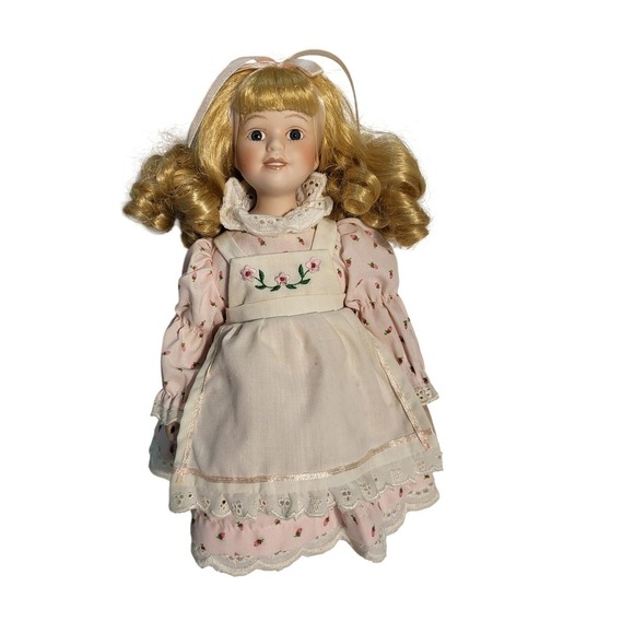 Royalton collection Porcelain‎ Doll Blonde Curly Hair Blue Eyes Pink Dress - Picture 2 of 9